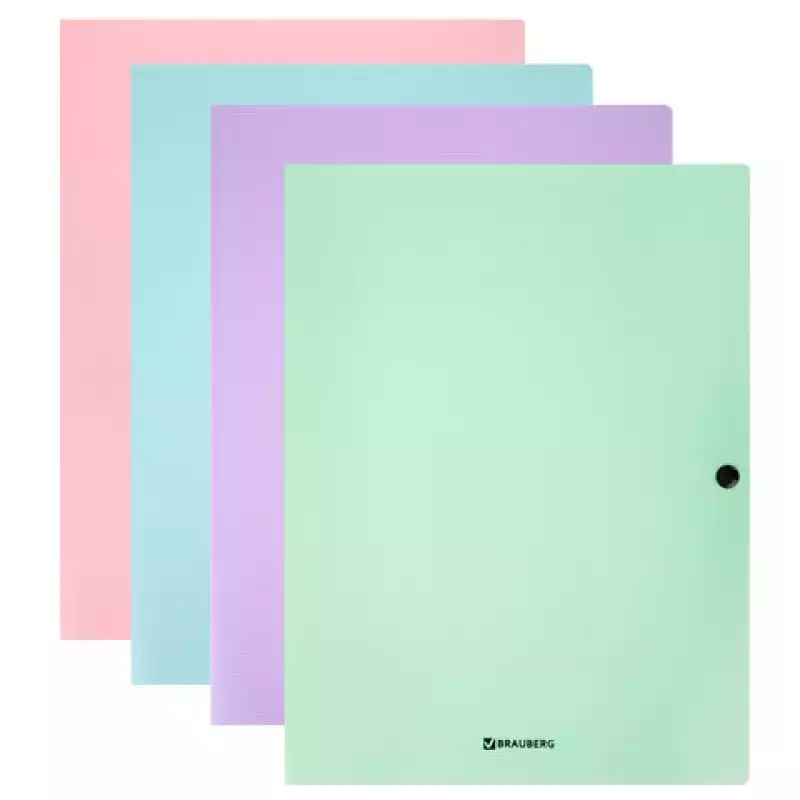 Папка на кнопке пластиковая BRAUBERG "PASTEL", А4, 3 клапана, 600 мкм, цвета ассорти, 272886
