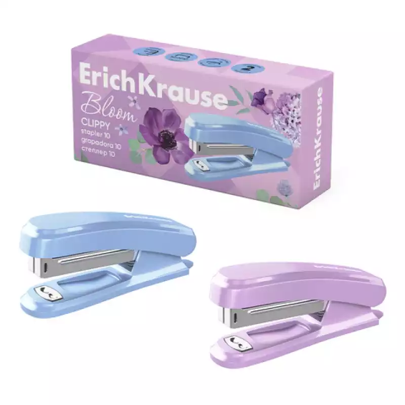 Степлер №10 ERICH KRAUSE "Clippy Pastel Bloom", до 15 листов, ассорти, 61740,275026