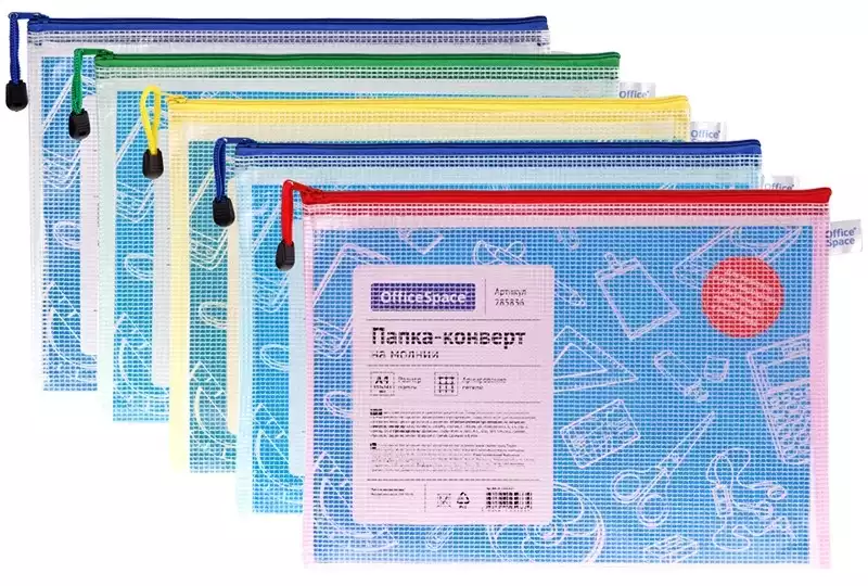 Папка-конверт на молнии OfficeSpace, А4, 250мкм, сетка, прозрачная, ассорти, 285836