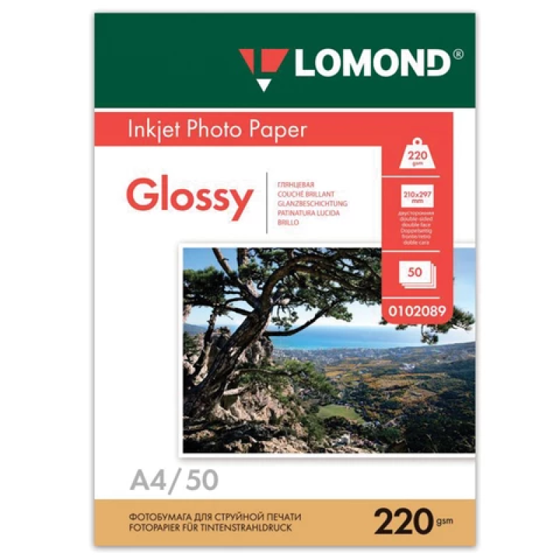 Фотобумага глянцевая, А4, 220 г/м2, двусторонняя, 50 листов, LOMOND, 0102089, 362301