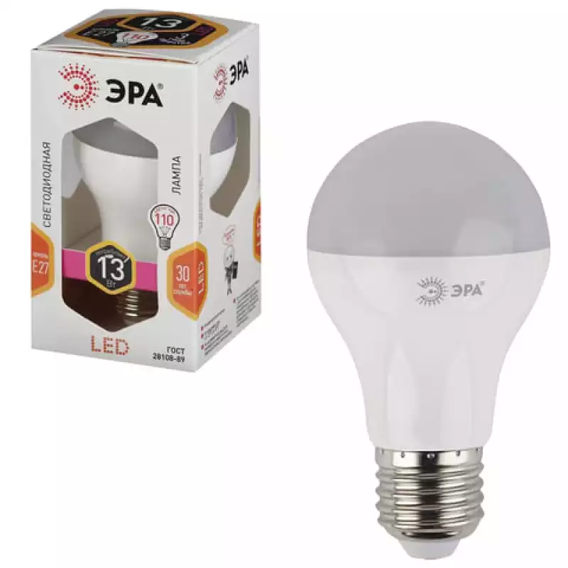 Лампа светодиодная ЭРА, 13 (110) Вт, цоколь E27,белый,30000 ч., LED smdA65\A60-13W-827-E27,452139