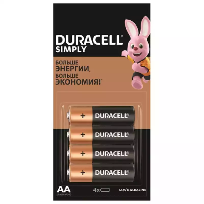 Батарейки КОМПЛЕКТ 4 шт. (отрывной блок), DURACELL Simply, AA (LR06, 15А), алкалиновые, 455043