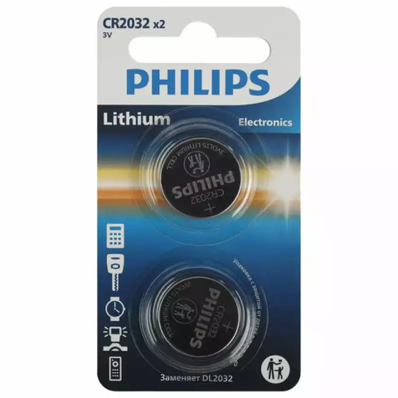 Батарейки КОМПЛЕКТ 2 шт., PHILIPS Lithium, CR2032, литиевые, блистер, Б0062716,457388