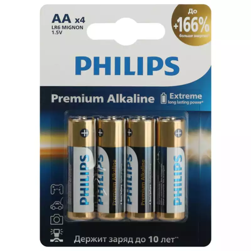 Батарейки алкалиновые"пальчиковые"КОМ. 4 шт.,PHILIPS Premium Alkaline,АА (LR6, 24А),Б0062753,457389