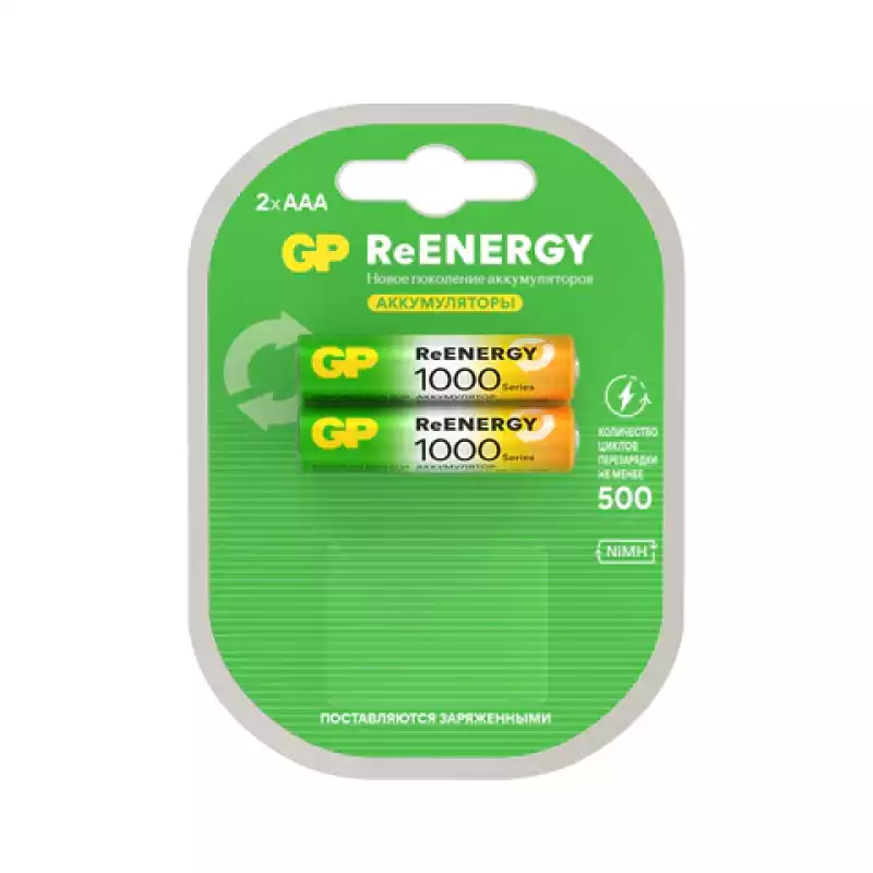 Батарейки аккумуляторные GP ReEnergy Ni-Mh мизинчиковые КОМПЛЕКТ 2 шт., ААА (HR03), 950 mAh, 100AAAHCRGY, 100AAAHCRGY-2CR, 458467