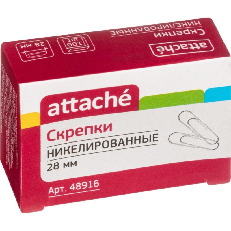 Скрепки Attache, 28 мм, никелированные, 100 шт. в карт.уп, 48916