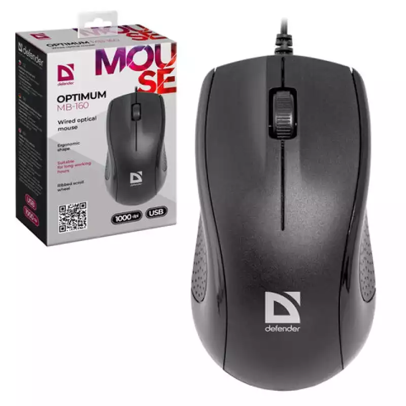 Мышь проводная DEFENDER Optimum MB-160,USB,2кнопки+1 колесо-кнопка, оптическая,черная,52160, 512027