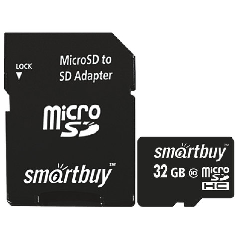 Карта памяти micro SDHC, 32 GB, SMARTBUY, 10 Мб/сек. (class 10), с адаптером, SB32GBSDCL10-01,512806