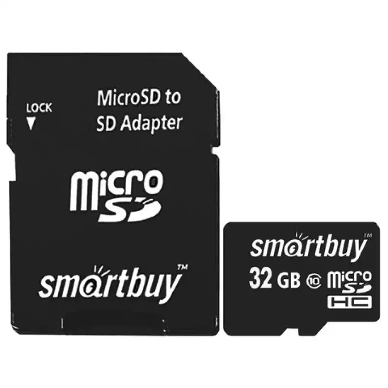 Карта памяти micro SDHC, 32 GB, SMARTBUY, 10 Мб/сек. (class 10), с адаптером, SB32GBSDCL10-01,512806