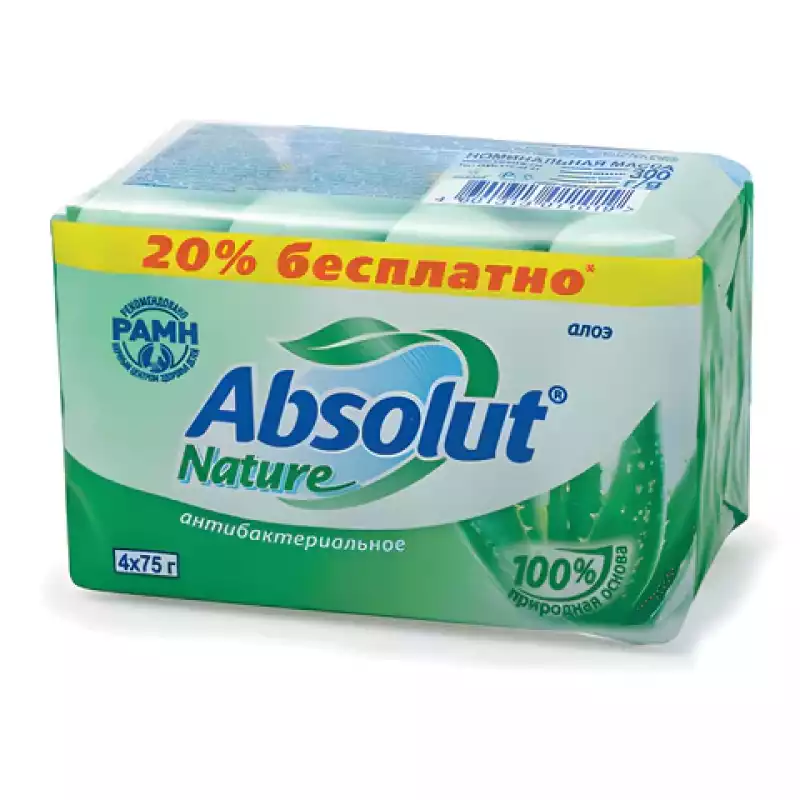 Мыло туалетное антибактериальное 300 г ABSOLUT КОМПЛЕКТ 4 шт. х 75 г "Алоэ",без триклозана 600762