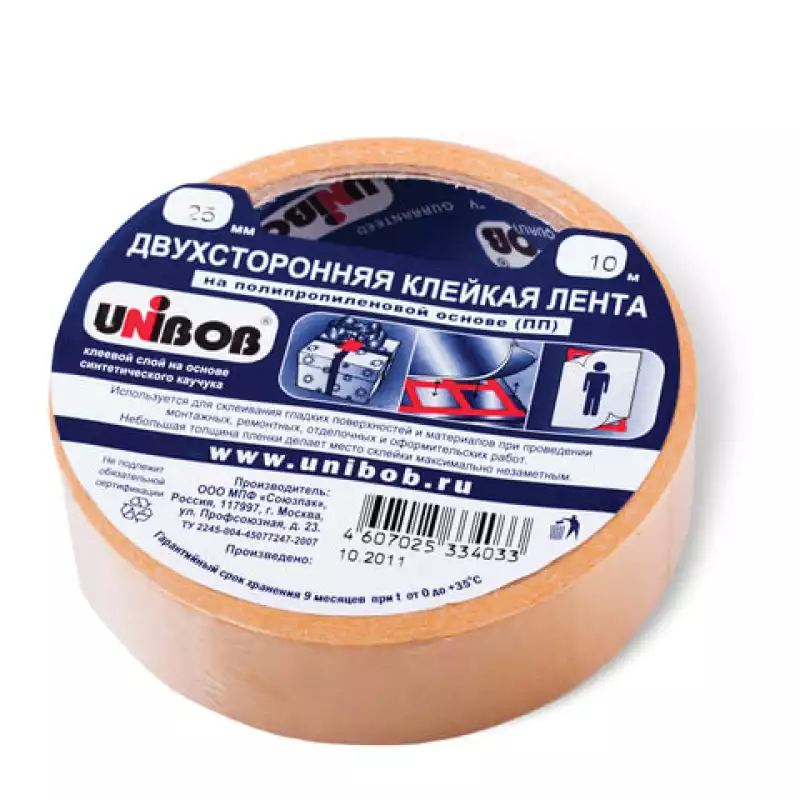 Клейкая двухсторонняя лента 25 мм х 10 м, ПОЛИПРОПИЛЕНОВАЯ ОСНОВА, UNIBOB, 38915, 600852
