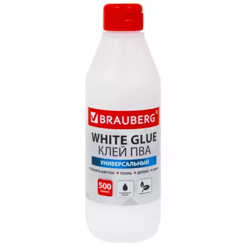 Клей ПВА BRAUBERG, 0,5 кг, универсальный (бумага, картон, дерево), 600982