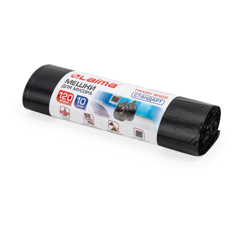 Мешки для мусора, 120 л, к-т 10 шт.,рулон,ПНД,прочные, 70х110 см (+5%), 14 мкм, черные, ЛАЙМА 601385