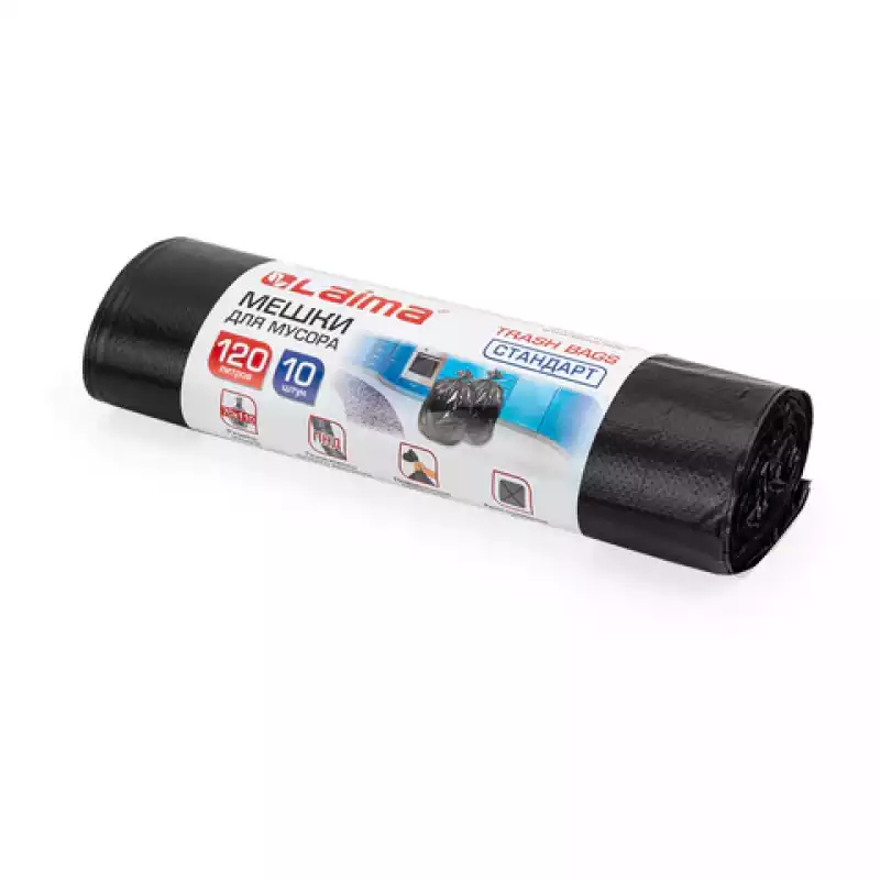 Мешки для мусора, 120 л, к-т 10 шт.,рулон,ПНД,прочные, 70х110 см (+5%), 14 мкм, черные, ЛАЙМА 601385