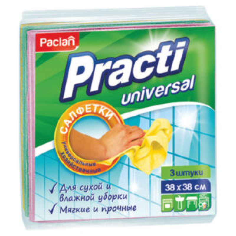 Салфетки универсальные, 38х38 см, КОМПЛЕКТ 3 шт.,110 г/м2,вискоза,PACLAN 