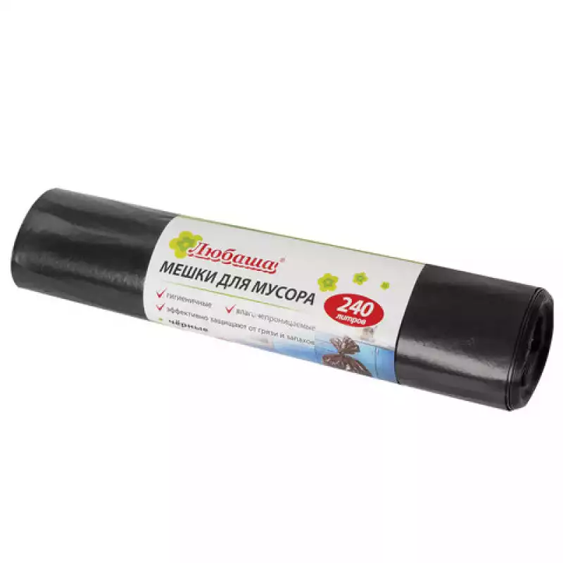 Мешки для мусора 240 л, черные, в рулоне 5 шт., ПВД, 30 мкм, 90х130 см (+5%), эконом, 605338