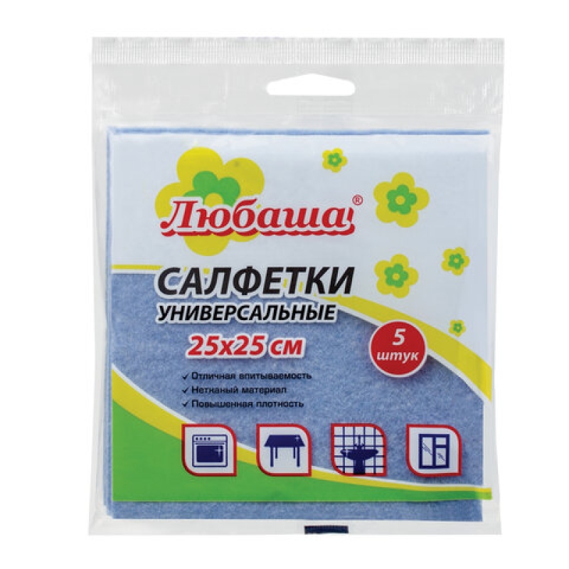 Салфетки ВИСКОЗНЫЕ универсальные MEDIUM, 5шт. 25х25 см, 80 г/м2, голубые, ЛЮБАША 605501