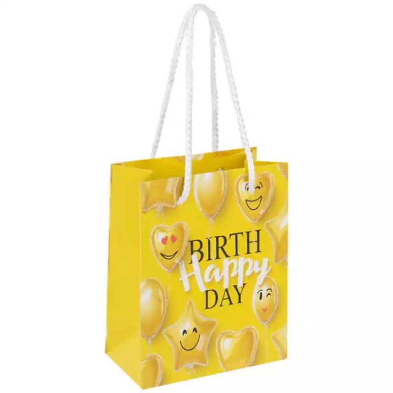 Пакет подарочный 11,4x6,4x14,6 см ЗОЛОТАЯ СКАЗКА "Happy Birthday", глиттер, желтый, 608237,608237