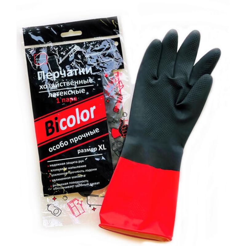 Перчатки хозяйственные латексные BiColor черно-красные, х/б напыление, размер XL, 70г., 609363