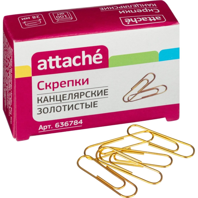 Скрепки Attache 28 мм., золотистые металлические 100 шт. в карт.уп, 636784