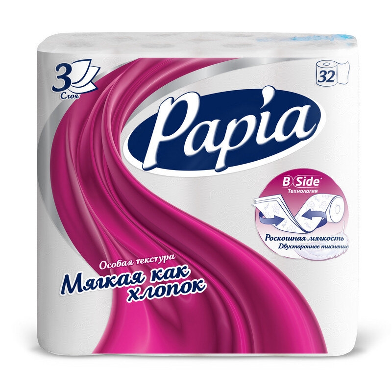 Бумага туалетная Papia 3сл бел 100%цел втул 16,8м 140л 32рул/уп, 694879