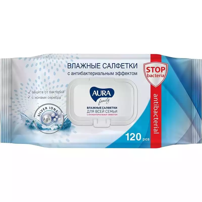 Салфетки влажные AURA антибак Family 120шт с крышкой, 716564