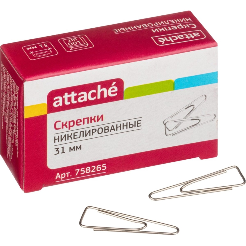 Скрепки Attache 31 мм, никелированные, треуг с загнут.краем,100шт./уп.к/кор,758265