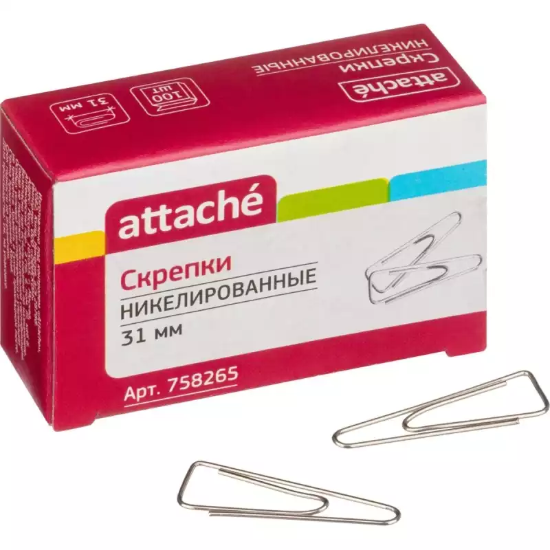 Скрепки Attache 31 мм, никелированные, треуг с загнут.краем,100шт./уп.к/кор,758265