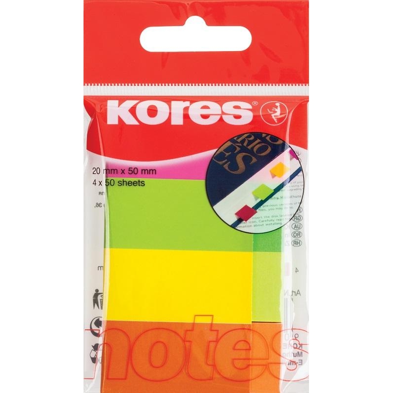 Клейкие закладки бум. 4цв.по 50л. неон 20х50мм Strips Kores 45104, 81594