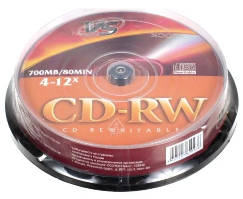 Носители информации CD-RW, 4x-12x, VS, Cake/10, VSCDRWCB1001,822142