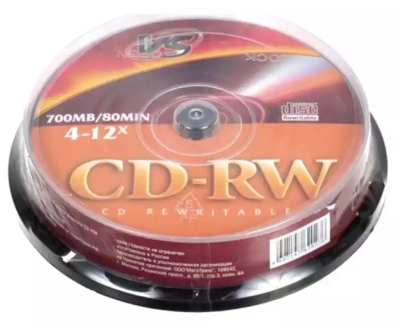 Носители информации CD-RW, 4x-12x, VS, Cake/10, VSCDRWCB1001,822142